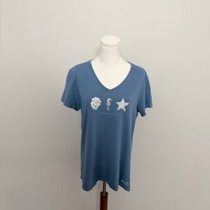 Life Is Good Tee Shirt Top Graphic Seahorse Seashells Starfish Beach Travel Blue